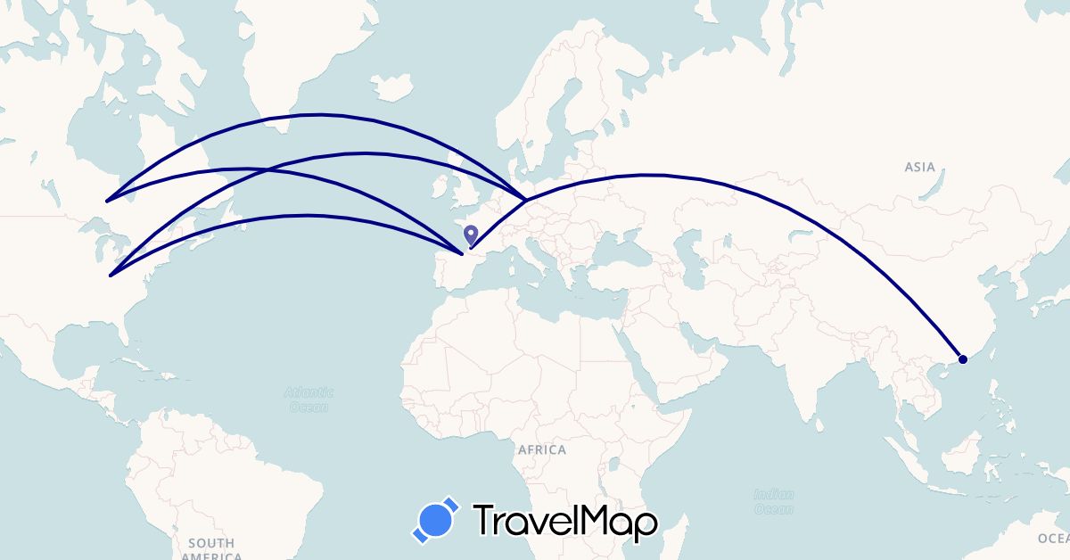 TravelMap itinerary: driving in Canada, Germany, Spain, France, Hong Kong, United States (Asia, Europe, North America)